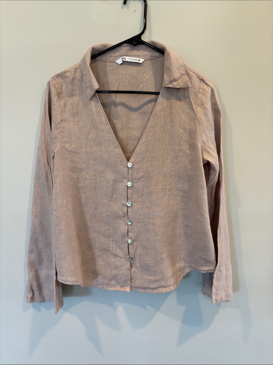 Zara Tops - Zara Brown Beige Linen Button-Down Blouse